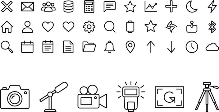 Comprehensive Multimedia Production and Universal Web Interface Line Icon Set Featuring Camera Microphone Video Tools Social Media Communication and Navigation Symbols for Digital Design