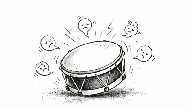 Monochrome hand-drawn pencil sketch cartoon of a vibrating snare drum surrounded by frowning sad speech bubbles representing unwanted loud noise nuisance