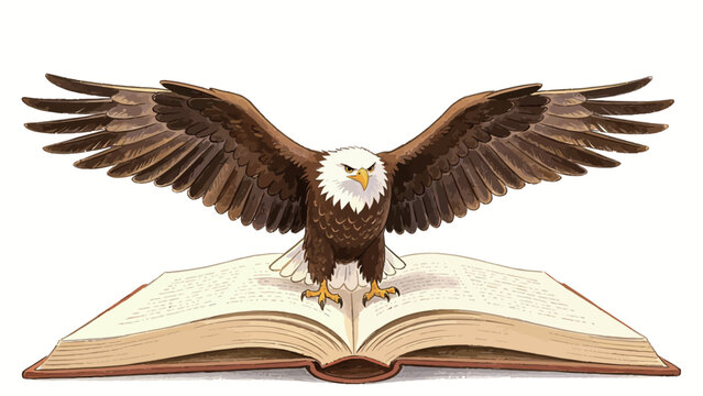 Watercolor Illustration of a Majestic Bald Eagle with Fully Spread Wings and Stern Gaze Perched on a Large Open Hardcover Book, Symbolizing Knowledge, Freedom and Wisdom on a Plain White Background