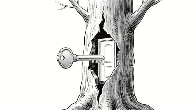 Surreal Monochrome Pencil Illustration of a Large Vintage Skeleton Key Pointing at a Tiny Door Hidden Inside a Split Bare Tree Trunk