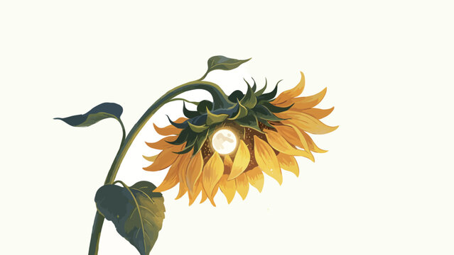 Whimsical Surreal Illustration of a Curved-Stem Sunflower Cradling a Glowing Full Moon in its Center, Soft Warm Palette, Dreamlike Quiet Fantasy Art on Minimal Off-White Background