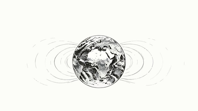 Minimalist Monochrome Pencil Sketch Scientific Illustration of Planet Earth Centered with Symmetric Dipole Magnetic Field Lines on Off-White Background