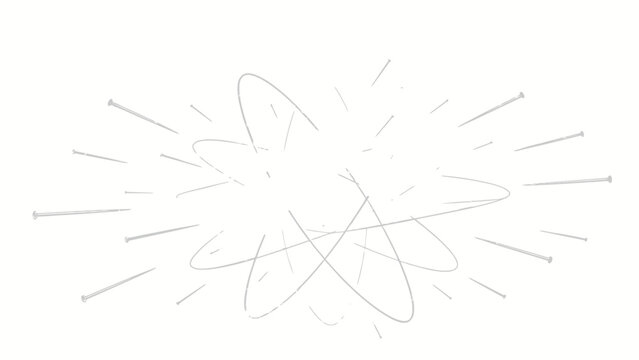 Minimalist Monochrome Conceptual Line Art Illustration, Planetary Atomic Orbital Model at Center, Thin Metal Nails Pointing Inward Toward Atom on Plain White Background