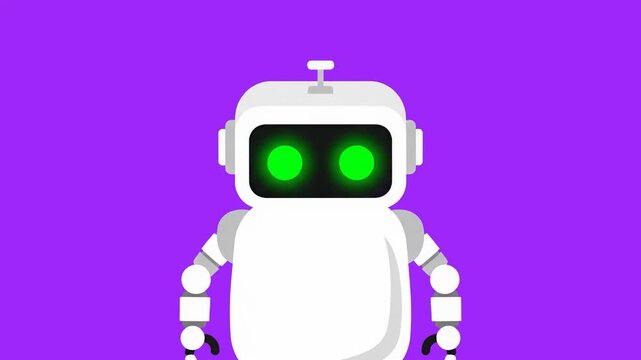 A white futuristic cyborg artificial intelligence robot with glowing green eyes positioned against a vibrant solid purple backdrop. Excellent for technology, future tech, automation, and chat bot rela