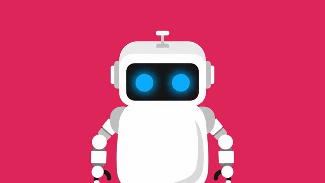 A stylish white robot character equipped with serene blue glowing eyes, set against a vivid pink background. This unique color combination makes it a standout asset for creative tech advertising, mode