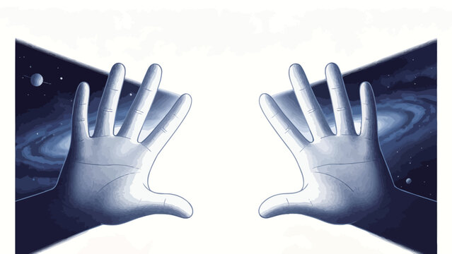 Minimalist Monochrome Blue Conceptual Illustration of Mirrored Hands Pushing a White Barrier Apart to Reveal Deep Cosmic Space with Spiral Galaxies and Planets