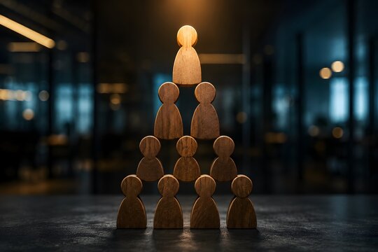 Konsep kepemimpinan dan hierarki perusahaan dengan figur manusia kayu yang disusun menyerupai piramida menyoroti sosok pemimpin untuk strategi bisnis.