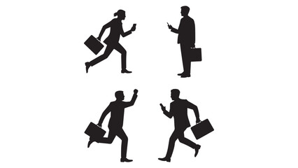 Fototapeta premium Silhouettes of business people running with briefcases and using phones for rush work