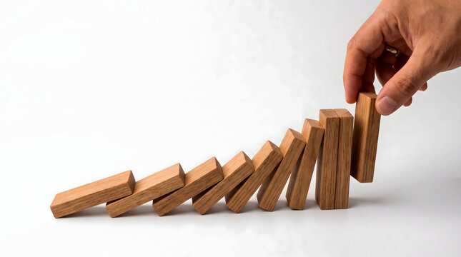 Hand preventing dominoes from falling concept of intervention and risk control management business strategy stability