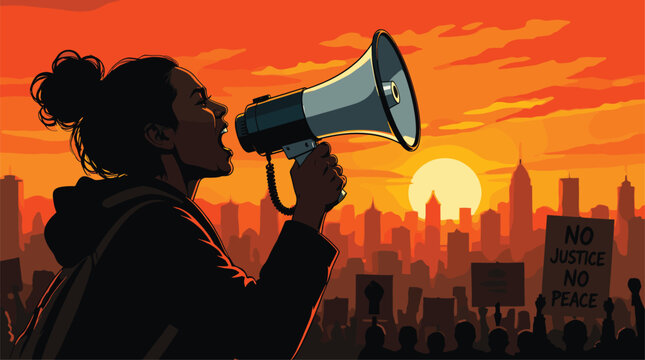 Activist with Megaphone Protesting for Social Justice in City Skyline Sunset