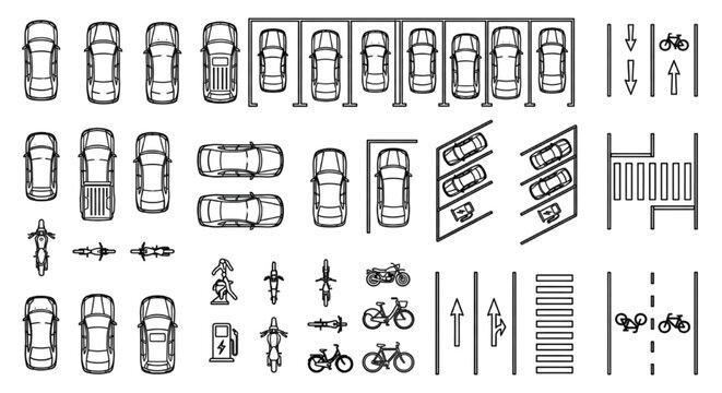 Parking Layout CAD Block Set &ndash; Cars, Bicycle Racks, Pedestrians & Parking Bay Configurations Top View
