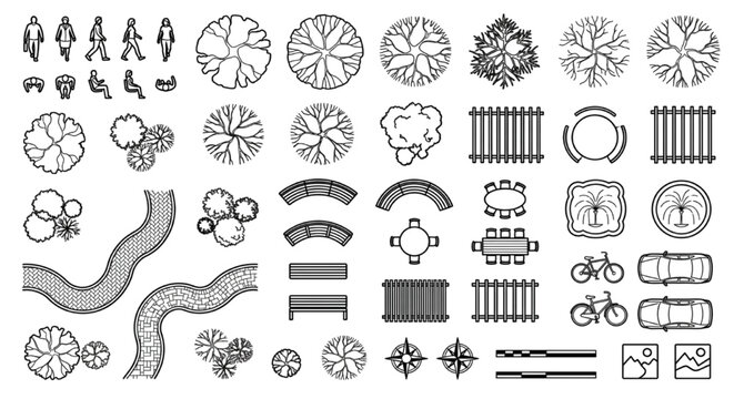 Landscape Site Plan CAD Block Collection &ndash; Trees, Pathways, Benches, Fencing, Bicycles & Vehicles Top View
