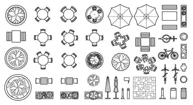 Outdoor Dining & Caf&eacute; CAD Block Set &ndash; Round Tables, Chairs, Umbrellas, Bicycle & Paving Top View
