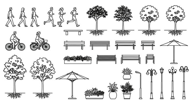 Urban Streetscape CAD Block Set &ndash; People, Cyclists, Trees, Benches, Planters & Street Lighting Elevation
