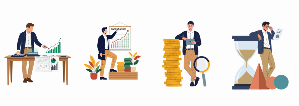 Businessmen managing finances, analyzing compound interest, monitoring wealth with coins, and tracking investments over time with an hourglass in a flat illustration style.