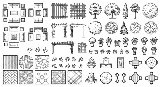 Interior & Exterior Plan View CAD Block Library &mdash; Furniture, Trees, Pergolas, Paving & Garden Elements