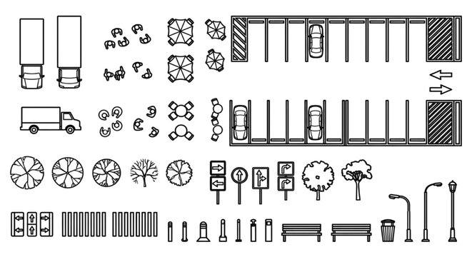 Urban Parking & Site Plan CAD Block Set &mdash; Vehicles, Trees, Signage, Street Furniture Top View Vector Library