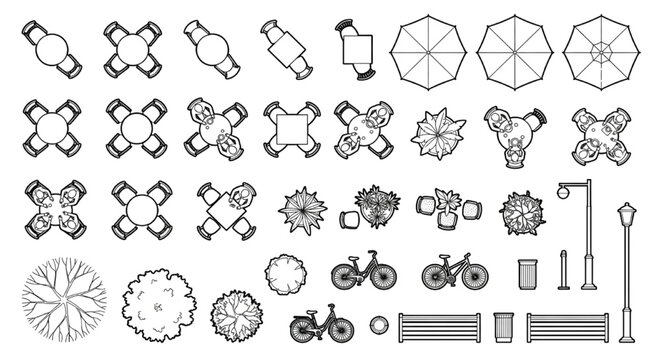 Top View Tree & Street Furniture CAD Block Set &mdash; Canopy Trees, Bicycle, Bench, Bin & Streetlight Plan Symbols