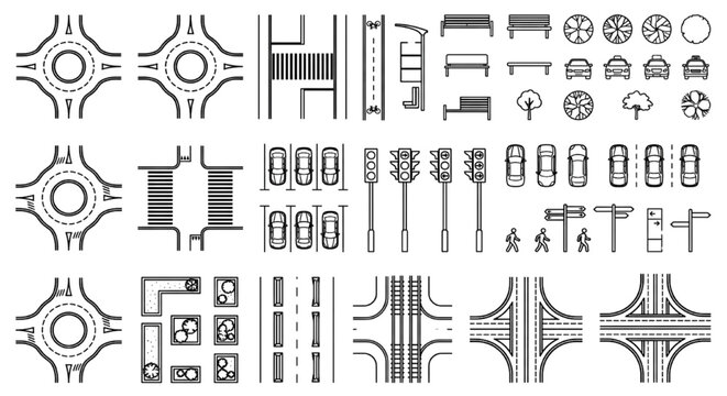 Urban Road CAD Block Kit &mdash; Roundabouts, Junctions, Parking, Street Furniture, Traffic Elements Top View Vector