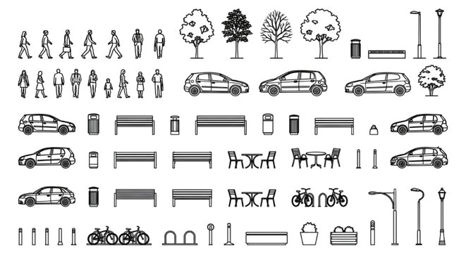 Urban Street CAD Elevation Block Library &mdash; People, Cars, Benches, Trees, Bicycles, Street Furniture Vector Set