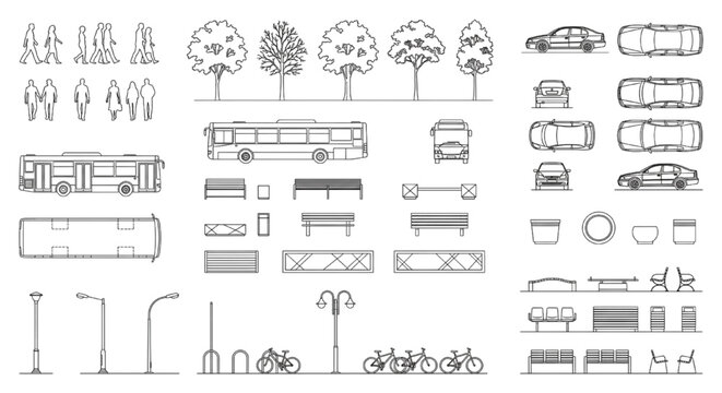 Urban Street Elevation & Plan CAD Block Library &mdash; Trees, Buses, Cars, Benches, Streetlights, Bicycles Vector Set