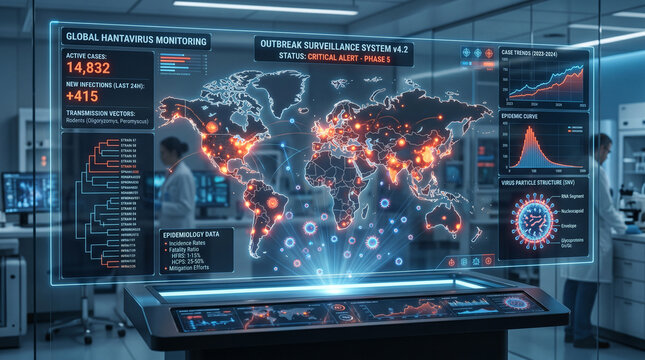 Futuristic hantavirus outbreak monitoring system with glowing virus particles and world map hologram, epidemiology, infectious disease tracking, medical data interface, healthcare technology emergency