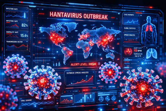 Futuristic hantavirus outbreak monitoring system with glowing virus particles and world map hologram, epidemiology, infectious disease tracking, medical data interface, healthcare technology emergency