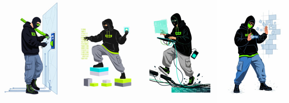 Set of four stylized hacker characters performing various digital intrusions and cyber attacks, representing cybercrime and data security concepts in a modern illustrative style.