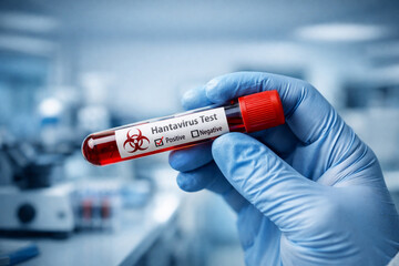 Obraz premium Gloved hand holding positive hantavirus test vial with biohazard symbol in clinical laboratory, infectious disease diagnosis, virus testing, contamination risk, medical research, healthcare analysis