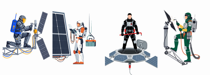 Set of astronauts and space technicians performing maintenance and repairs on satellites and solar panels in outer space, flat vector illustration. © Payandu