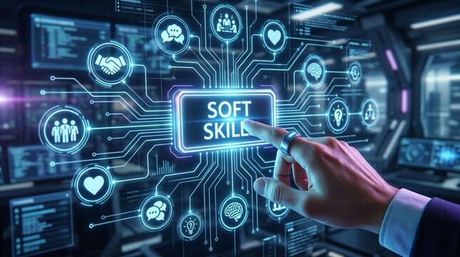 Soft Skills Enhancing Communication and Interpersonal Effectiveness, projection on a virtual screen, Business and Technology Concept. Modern Business Concepts