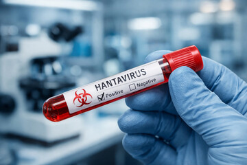 Obraz premium Scientist holding positive hantavirus blood test sample in medical laboratory, biohazard test tube, virus diagnosis, infectious disease research, healthcare testing, clinical analysis, epidemiology