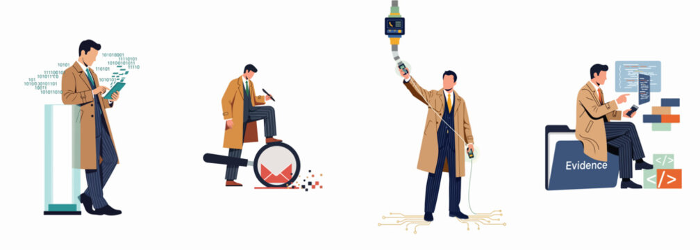 Cyber forensics investigator concept featuring a man in a trench coat using digital tools for data analysis, evidence collection, and online investigation.