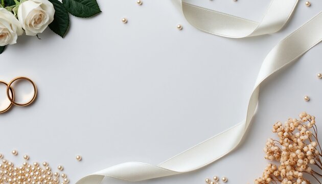 Beautiful flat lay composition featuring wedding rings, white roses, and decorative elements on white background, perfect for invitations or announcements.