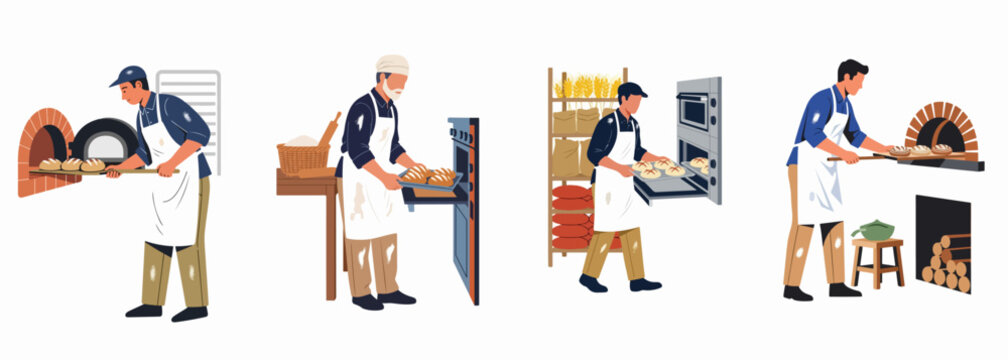Set of male bakers in aprons baking fresh bread using different types of traditional and modern ovens, isolated vector illustration on white background.