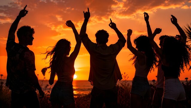 Silhouette of friends dancing joyfully against a vibrant orange sunset sky, carefree summer celebration atmosphere