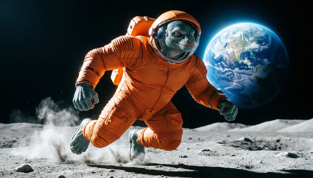 Lizard Astronaut Running in Orange Spacesuit on Moon Surface with Planet Earth