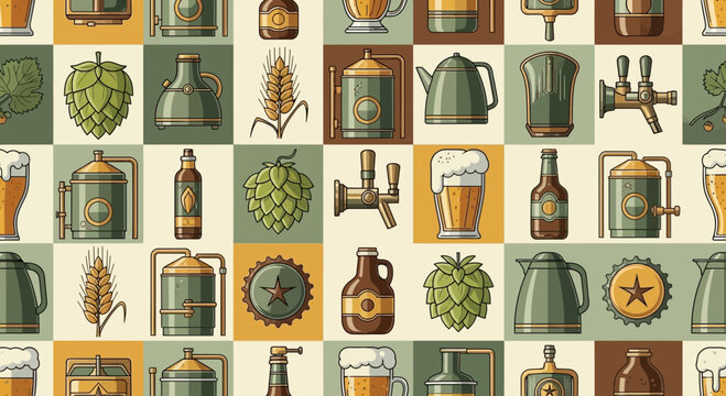 Craft Beer Ingredients and Equipment Pattern: Hops, Wheat, Bottles, Barrels, Taps
