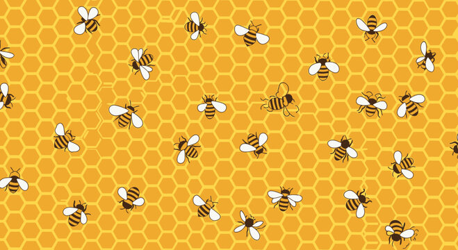 Cute Bees Swarming on Yellow Honeycomb Background Pattern