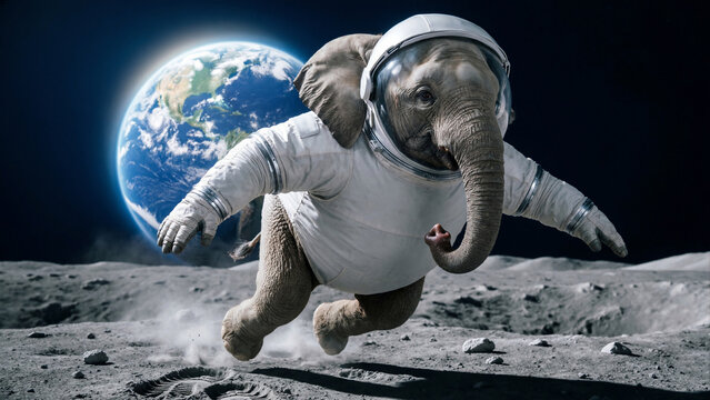 Elephant Astronaut Floating in White Spacesuit on Moon Surface with Planet Earth