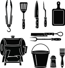 BBQ Grill Tools and Accessories Silhouette Set on White Background for Outdoor Cooking © Robert