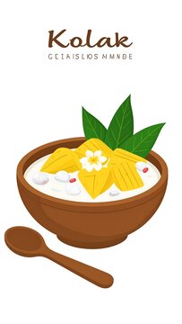 A cartoon bowl of dessert with fruit and spoon