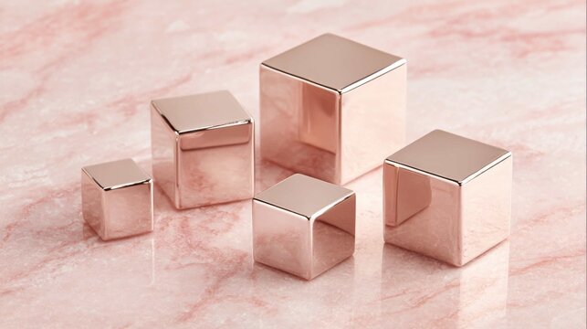 Polished rose gold geometric cubes of varying sizes arranged on a marble surface