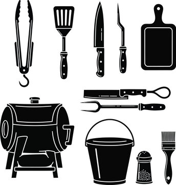 BBQ Grill Tools and Accessories Silhouette Set on White Background for Outdoor Cooking