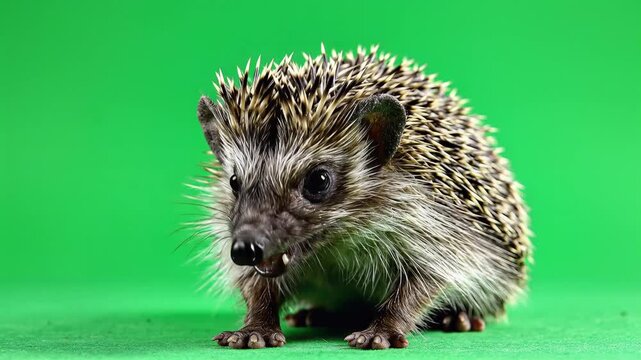 Adorable Hedgehog on Green Background with Mouth Open Spikes Showing.