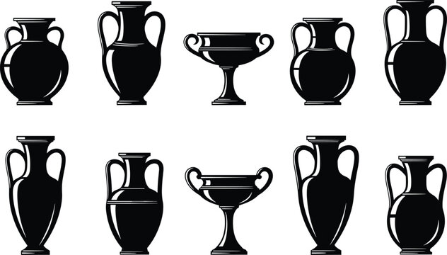ancient greek amphora vase silhouette icon set with antique roman pottery vessels and historical ceramic urn symbols for museum logo and historic graphic designs