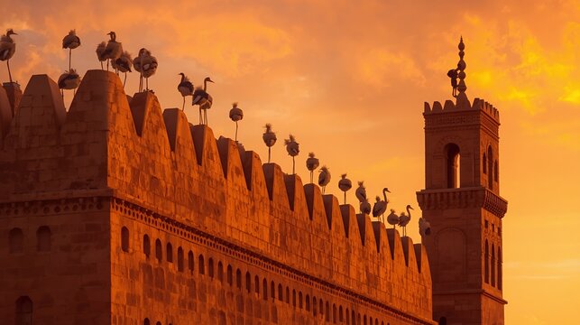 Medieval castle battlements at sunset with silhouetted birds perched