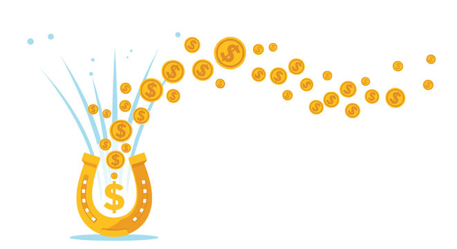 Lucky golden horseshoe illustration shows a stream of dollar coins spraying out of a magnet symbol representing wealth and success.