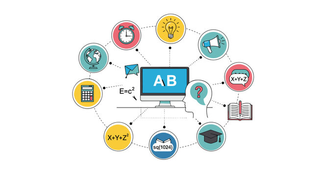 Online education concept shows a computer screen surrounded by colorful circles containing icons for various school subjects.