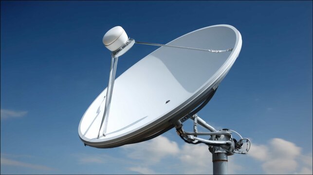 Large white parabolic satellite dish receiver angled against a clear blue sky